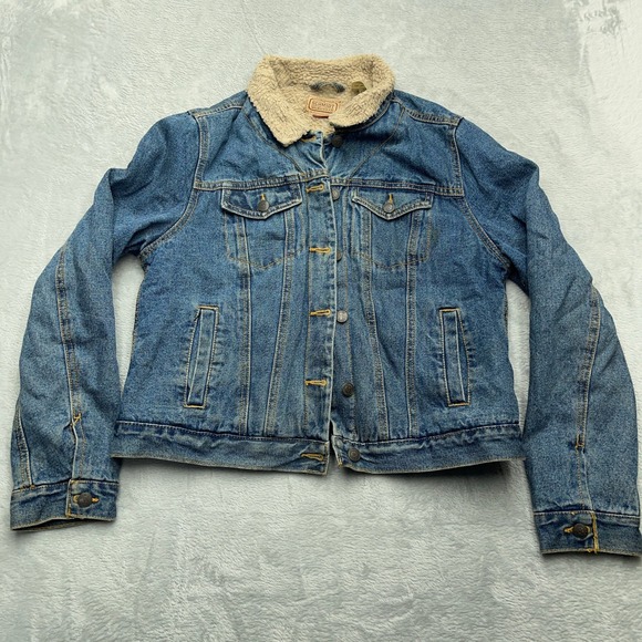 C.E. Schmidt Workwear Denim Trucker Jacket Womens Large Blue Sherpa Lined Cotton - Picture 1 of 8